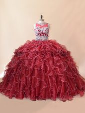 Decent Scoop Sleeveless Quinceanera Dress Brush Train Beading and Lace and Appliques Red Organza