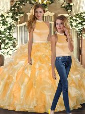 Gold Organza Backless Halter Top Sleeveless Floor Length Sweet 16 Dress Beading and Ruffles