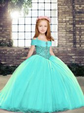 Aqua Blue Ball Gowns Straps Sleeveless Brush Train Lace Up Beading Girls Pageant Dresses