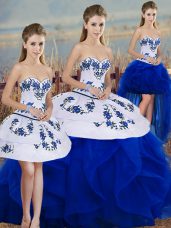 Elegant Floor Length Royal Blue 15 Quinceanera Dress Tulle Sleeveless Embroidery and Ruffles and Bowknot