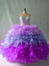 Multi-color Ball Gowns Organza Sweetheart Sleeveless Beading and Ruffles Floor Length Lace Up Ball Gown Prom Dress