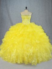 Cheap Strapless Sleeveless Sweet 16 Dresses Asymmetrical Beading and Ruffles Yellow Organza