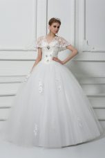 High Class White Short Sleeves Beading and Appliques Floor Length Bridal Gown