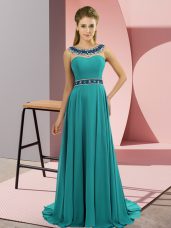 Sleeveless Beading Zipper Prom Party Dress with Teal Brush Train