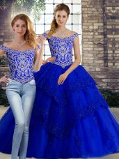 New Style Royal Blue Sleeveless Tulle Brush Train Lace Up Vestidos de Quinceanera for Military Ball and Sweet 16 and Quinceanera