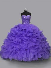 Purple Organza Lace Up Sweet 16 Dress Sleeveless Floor Length Beading and Ruffles