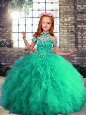 Turquoise Ball Gowns Halter Top Sleeveless Tulle Floor Length Lace Up Beading and Ruffles Pageant Dress Toddler