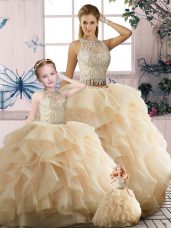 Elegant Tulle Scoop Sleeveless Zipper Beading and Ruffles 15th Birthday Dress in Champagne