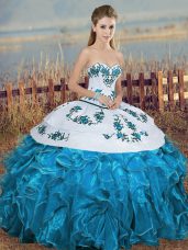 Top Selling Blue And White Ball Gowns Organza Sweetheart Sleeveless Embroidery and Ruffles and Bowknot Floor Length Lace Up Quinceanera Dress