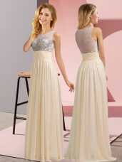 Stylish Floor Length Champagne Bridesmaid Gown Chiffon Sleeveless Beading