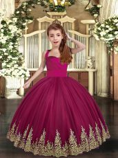 Elegant Embroidery Pageant Dress for Teens Burgundy Lace Up Sleeveless Floor Length