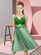 Green Sleeveless Knee Length Appliques Lace Up Dama Dress