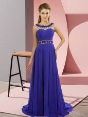 Simple Blue Empire Beading Prom Party Dress Zipper Chiffon Sleeveless