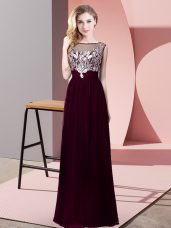 Traditional Burgundy Backless Prom Gown Beading Sleeveless Floor Length