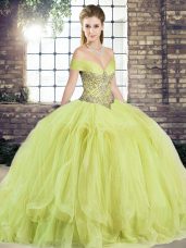 Stunning Yellow Green Off The Shoulder Lace Up Beading and Ruffles Quinceanera Dresses Sleeveless