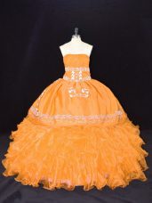 Gold Sleeveless Floor Length Embroidery and Ruffles Lace Up Sweet 16 Dress