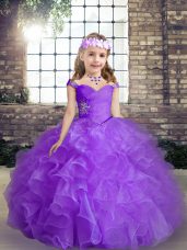 Customized Purple Ball Gowns Beading Pageant Dress for Womens Lace Up Organza Sleeveless Floor Length
