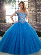 Hot Sale Sleeveless Floor Length Beading Lace Up Quinceanera Gowns with Blue