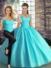 Aqua Blue Off The Shoulder Lace Up Beading Sweet 16 Quinceanera Dress Sleeveless