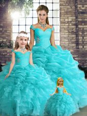 Aqua Blue Ball Gowns Beading and Ruffles and Pick Ups Vestidos de Quinceanera Lace Up Organza Sleeveless Floor Length