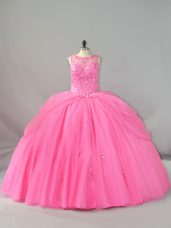 Rose Pink Quinceanera Gown Tulle Brush Train Sleeveless Beading and Appliques