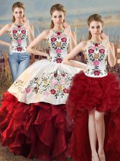 Sweet Halter Top Sleeveless Vestidos de Quinceanera Floor Length Embroidery and Ruffles White And Red Organza