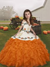 Eye-catching Orange Ball Gowns Straps Sleeveless Organza Floor Length Lace Up Embroidery and Ruffles Pageant Dress
