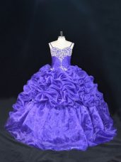 Unique Purple Organza Lace Up Sweet 16 Dress Sleeveless Brush Train Beading and Pick Ups