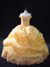 Ball Gowns Vestidos de Quinceanera Gold Off The Shoulder Organza Sleeveless Floor Length Lace Up