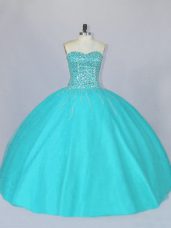 Fine Sweetheart Sleeveless Sweet 16 Dress Floor Length Beading Aqua Blue Tulle