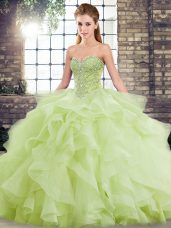 Sleeveless Beading and Ruffles Lace Up Sweet 16 Dress with Yellow Green Brush Train