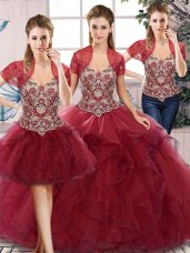 Floor Length Burgundy Ball Gown Prom Dress Tulle Sleeveless Beading and Ruffles