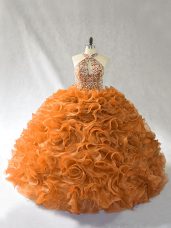 Adorable Orange and Brown Halter Top Lace Up Beading and Ruffles Vestidos de Quinceanera Brush Train Sleeveless
