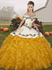 Exceptional Sleeveless Floor Length Embroidery and Ruffles Lace Up Quinceanera Gown with Gold