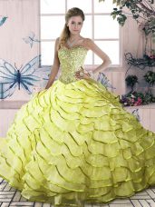 Yellow Green Ball Gowns Organza Halter Top Sleeveless Beading and Ruffled Layers Lace Up 15th Birthday Dress Brush Train
