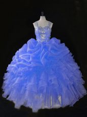 Super Blue Straps Neckline Beading and Ruffles Sweet 16 Dress Sleeveless Zipper