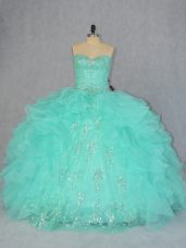 Apple Green Ball Gowns Organza Sweetheart Sleeveless Beading and Ruffles Floor Length Lace Up Quince Ball Gowns