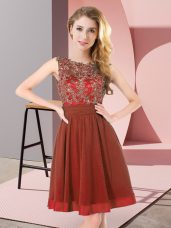 Beauteous Beading and Appliques Bridesmaid Gown Rust Red Backless Sleeveless Mini Length