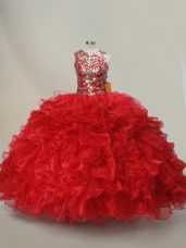 Super Sleeveless Organza Floor Length Lace Up Ball Gown Prom Dress in Red with Ruffles and Sequins