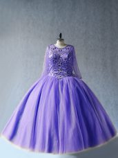 Floor Length Lace Up Ball Gown Prom Dress Lavender for Sweet 16 and Quinceanera with Beading