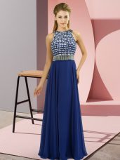 Adorable Blue Sleeveless Beading Floor Length Prom Gown