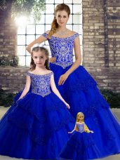 Sleeveless Brush Train Lace Up Beading and Lace 15th Birthday Dress