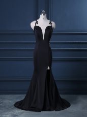 Sleeveless Satin Brush Train Zipper Prom Evening Gown in Black with Lace