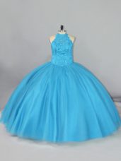 Eye-catching Aqua Blue 15th Birthday Dress Sweet 16 and Quinceanera with Beading and Lace Halter Top Sleeveless Brush Train Lace Up
