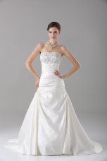 White A-line Beading Wedding Dresses Lace Up Satin Sleeveless