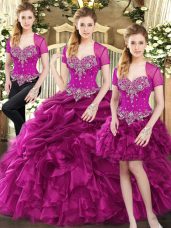 Floor Length Fuchsia Quinceanera Dress Organza Sleeveless Beading and Ruffles and Pick Ups