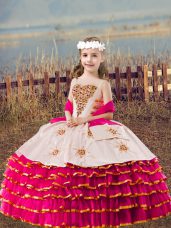 Fuchsia Organza Lace Up Little Girls Pageant Gowns Sleeveless Floor Length Beading and Embroidery and Ruffled Layers