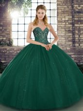 Peacock Green Ball Gowns Tulle Sweetheart Sleeveless Beading Floor Length Lace Up Sweet 16 Quinceanera Dress