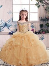 Champagne Little Girl Pageant Dress Party and Military Ball and Wedding Party with Beading and Ruffles Off The Shoulder Sleeveless Lace Up