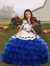 Embroidery and Ruffled Layers Pageant Dress for Girls Blue Lace Up Sleeveless Floor Length
